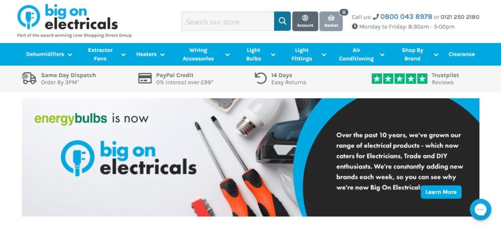 Screen grab of the new big on electricals website
